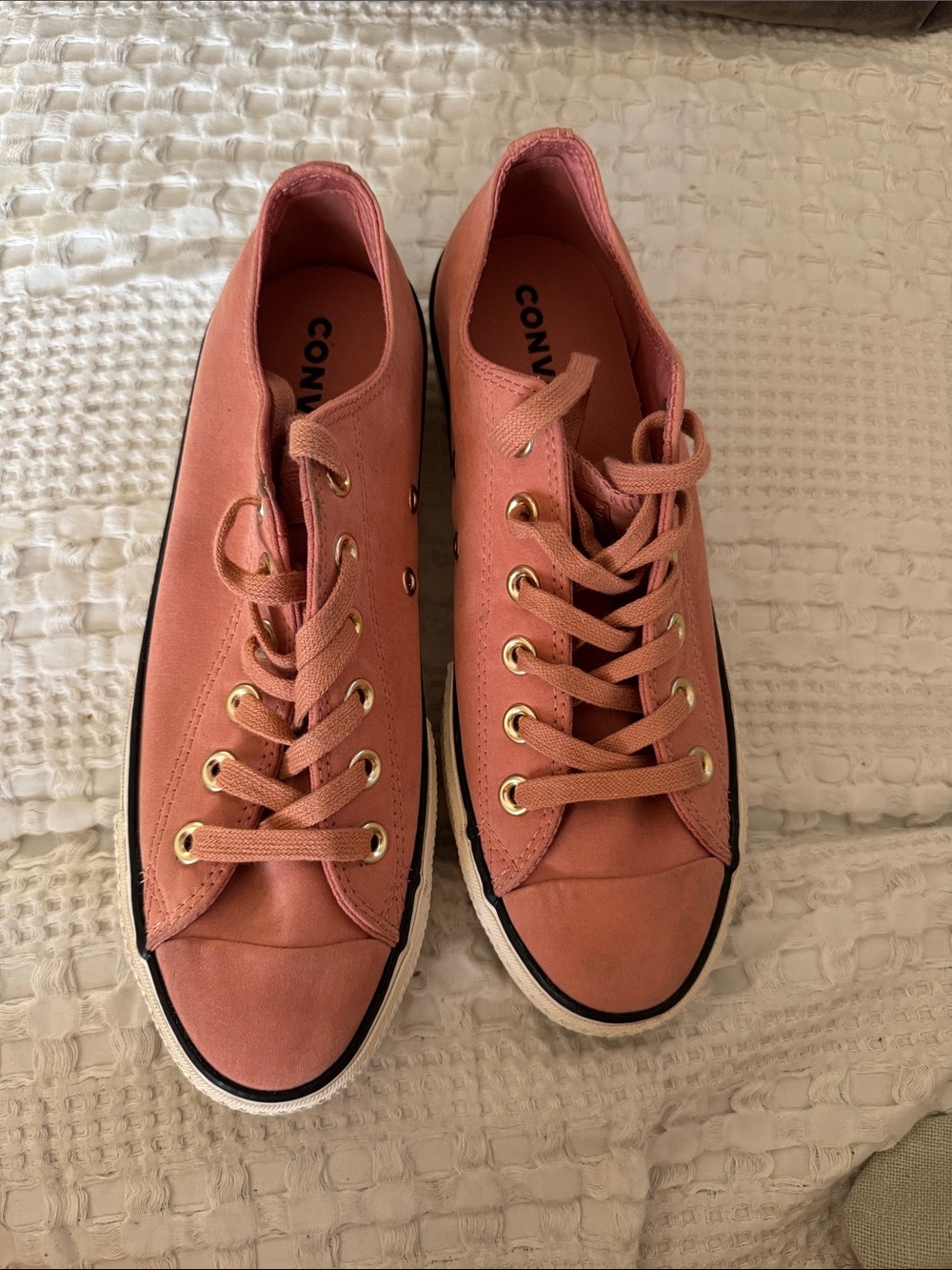 Converse Coral Pink Canvas Low Top Sneakers with Gold Eyelets
